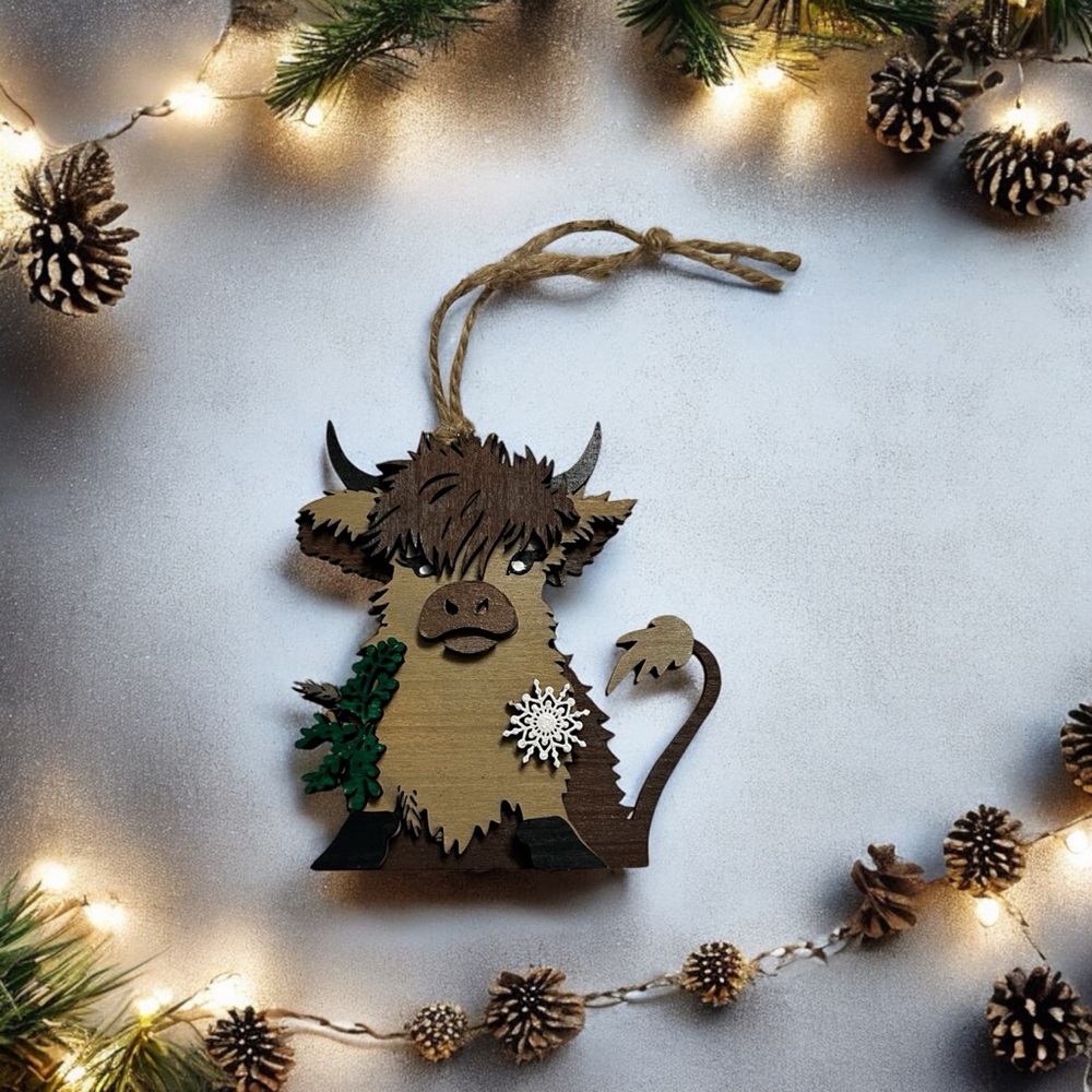 Handmade 3D Highland Cow Christmas Ornament Farm Animal Farmhouse Style